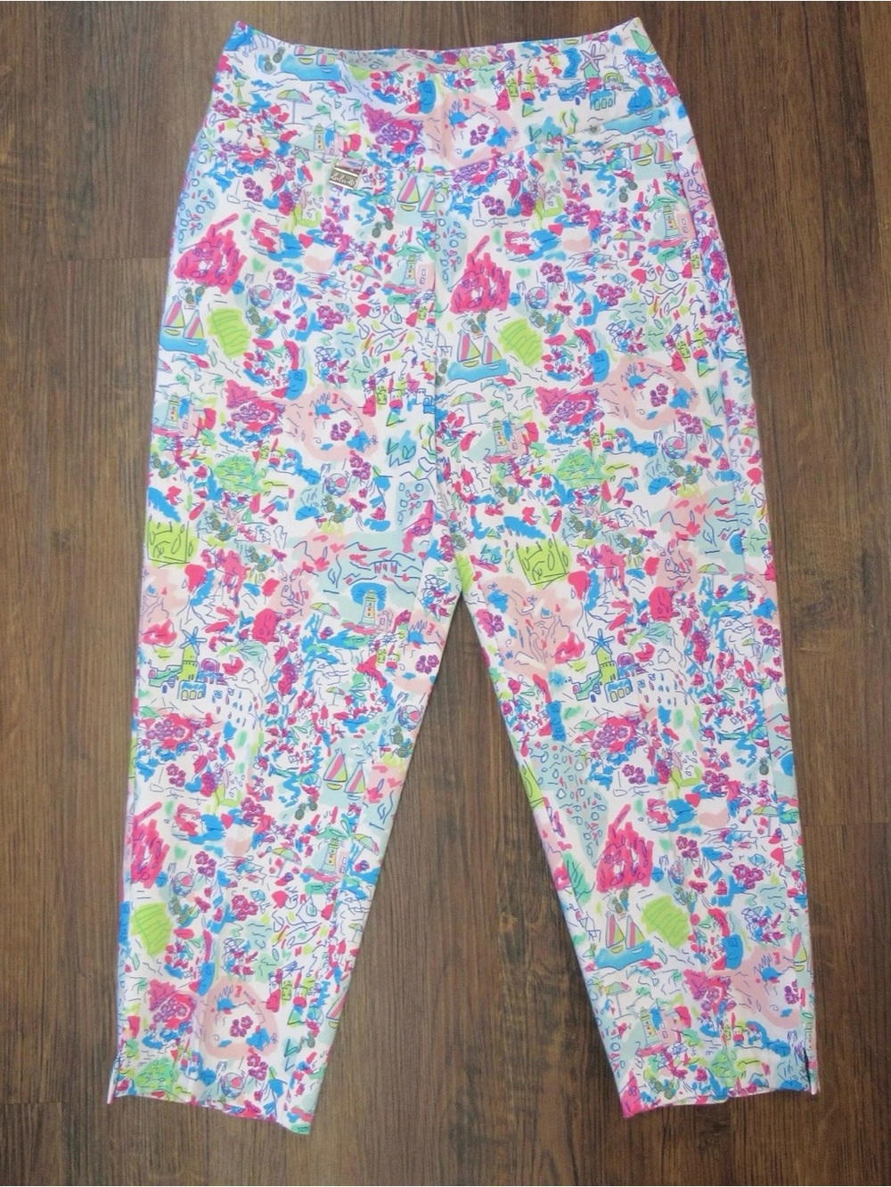 Lulu-B Capri pants in White with Pink, Blue & Green Print